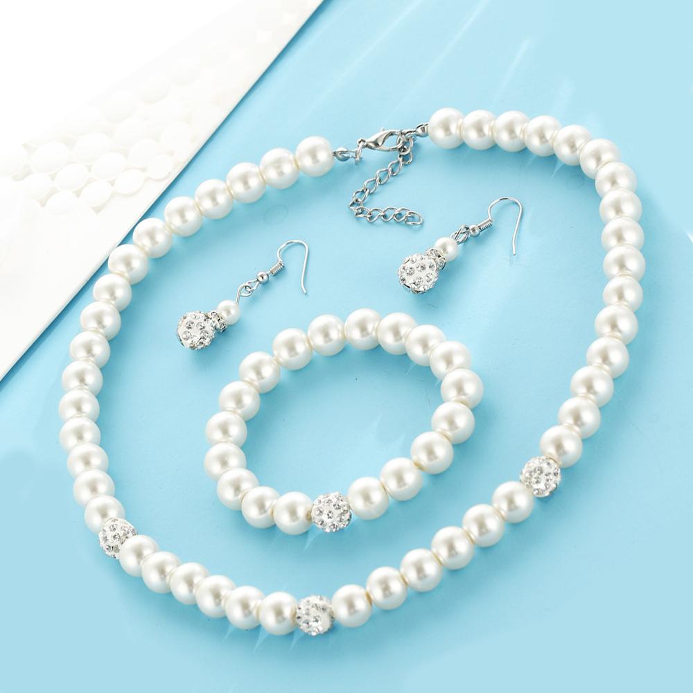 White Gold Crystal Jewelry Set - 3 Piece Shamballa & Pearl Design, Hypoallergenic & Comfort Fit, Made in Italy - Jewelry & Watches - Bijou Her -  -  - 