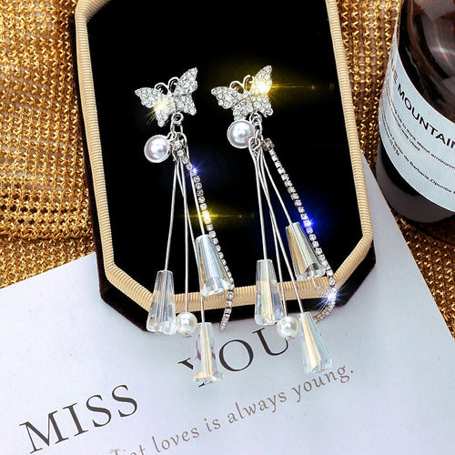 Pearl and Crystal Butterfly Tassel Earrings - 925 Silver Jewelry - Jewelry & Watches - Bijou Her - Color -  - 