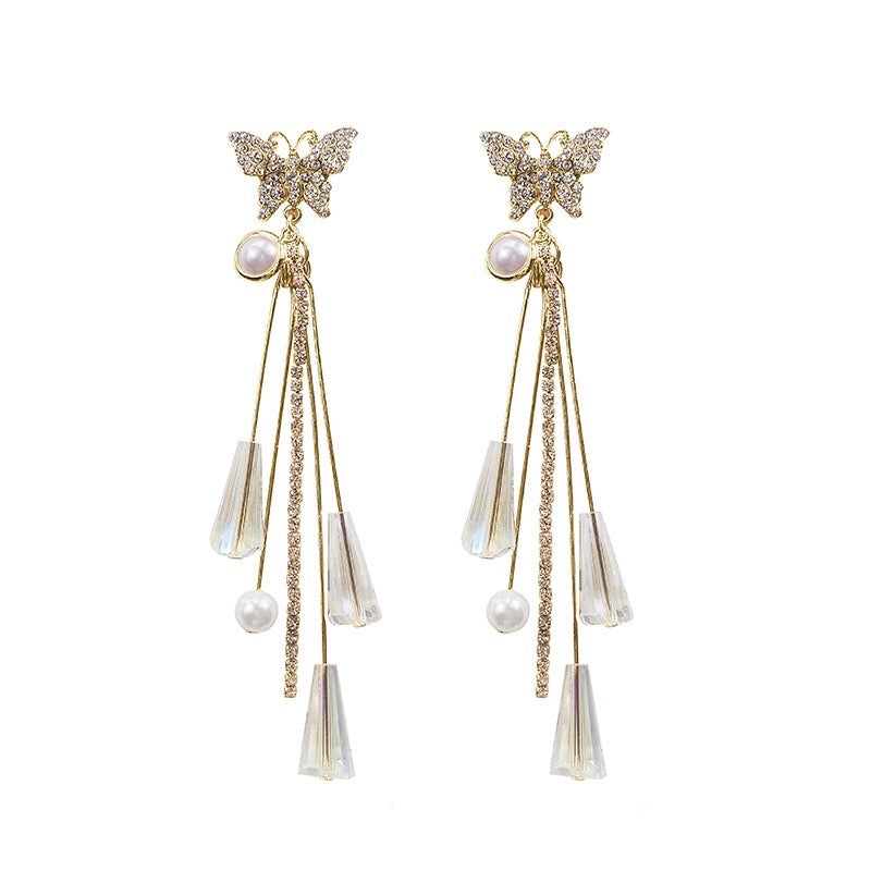 Pearl and Crystal Butterfly Tassel Earrings - 925 Silver Jewelry - Jewelry & Watches - Bijou Her -  -  - 