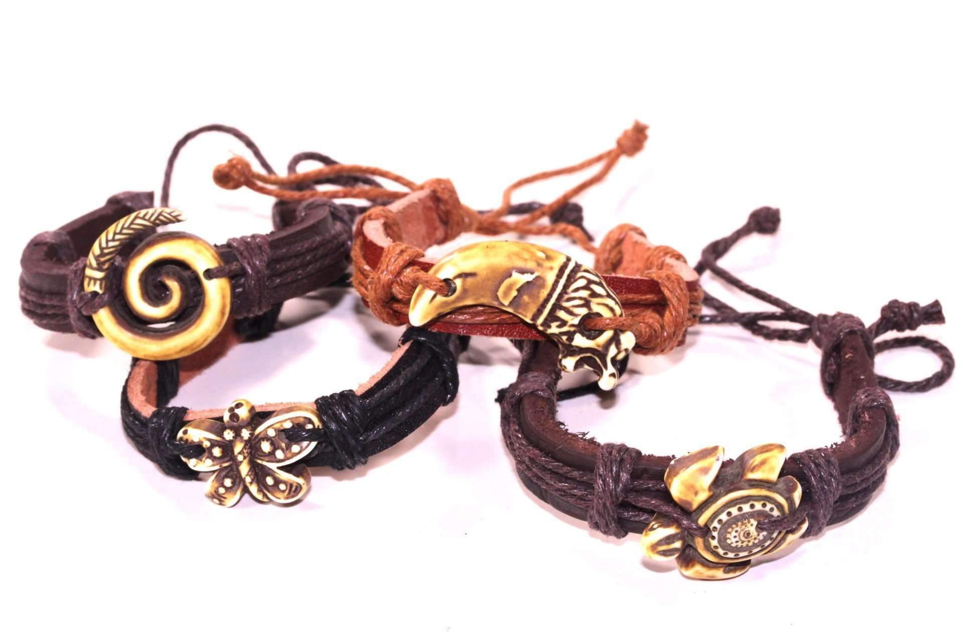 Handmade Tribal Style Leather Bracelet with Animal and Symbol Carvings - Adjustable Chord Closure - Jewelry & Watches - Bijou Her -  -  - 