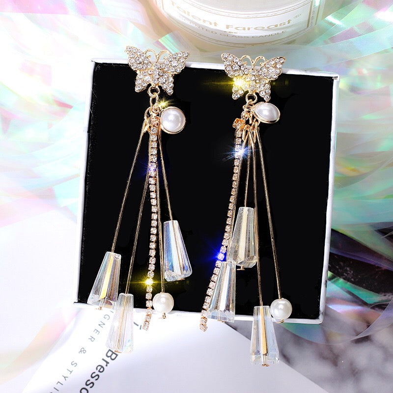 Pearl and Crystal Butterfly Tassel Earrings - 925 Silver Jewelry - Jewelry & Watches - Bijou Her -  -  - 