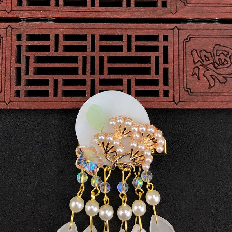 Oriental Flower Hair Clip with Tassels - Shell Pearl & Chech Crystal Materials - Jewelry & Watches - Bijou Her -  -  - 