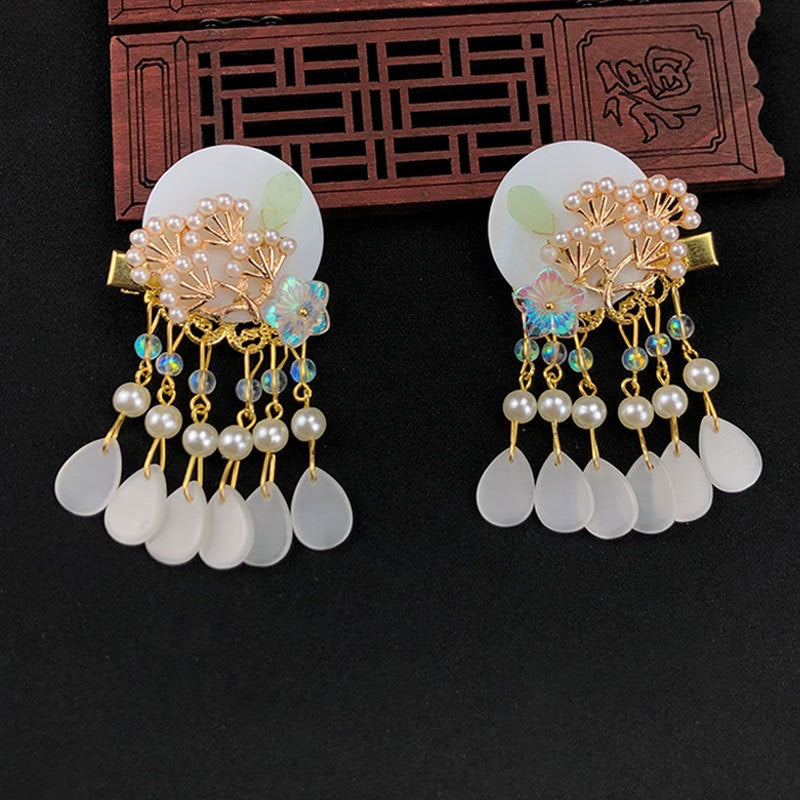 Oriental Flower Hair Clip with Tassels - Shell Pearl & Chech Crystal Materials - Jewelry & Watches - Bijou Her -  -  - 