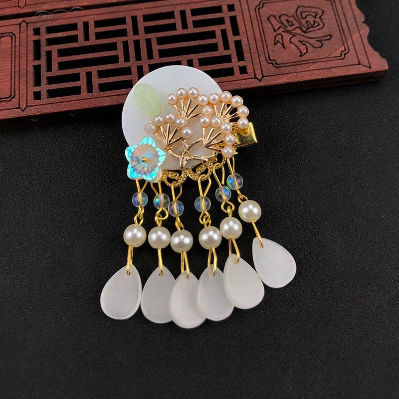 Oriental Flower Hair Clip with Tassels - Shell Pearl & Chech Crystal Materials - Jewelry & Watches - Bijou Her -  -  - 