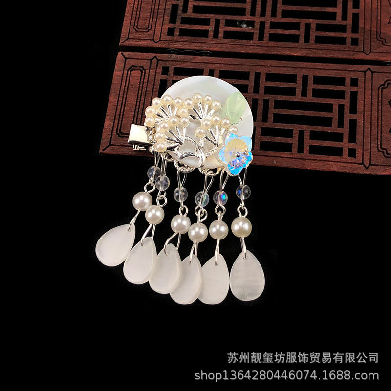 Oriental Flower Hair Clip with Tassels - Shell Pearl & Chech Crystal Materials - Jewelry & Watches - Bijou Her -  -  - 