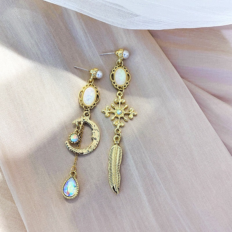 Rainbow Moonstone Baroque Earrings - Asymmetric 925 Silver & Rhinestone Jewelry - Jewelry & Watches - Bijou Her -  -  - 