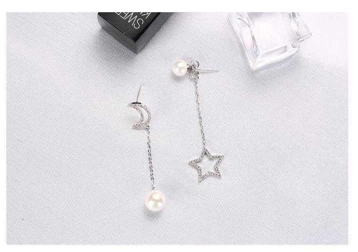 Moon and Star Pearl Earrings - Asymmetric Design in Alloy and Artificial Pearl, S925 - 6cm and 7cm Dimensions, 5g Weight - Jewelry & Watches - Bijou Her -  -  - 