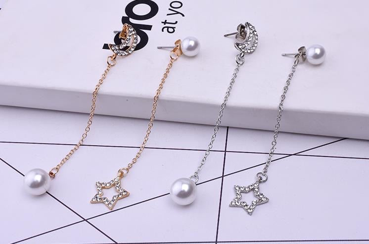 Moon and Star Pearl Earrings - Asymmetric Design in Alloy and Artificial Pearl, S925 - 6cm and 7cm Dimensions, 5g Weight - Jewelry & Watches - Bijou Her -  -  - 