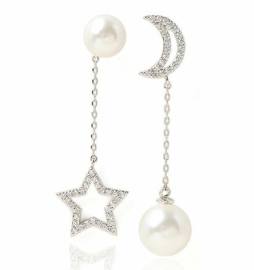 Moon and Star Pearl Earrings - Asymmetric Design in Alloy and Artificial Pearl, S925 - 6cm and 7cm Dimensions, 5g Weight - Jewelry & Watches - Bijou Her - Colour -  - 