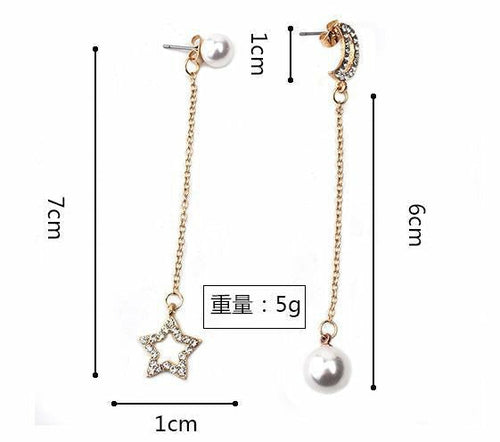 Moon and Star Pearl Earrings - Asymmetric Design in Alloy and Artificial Pearl, S925 - 6cm and 7cm Dimensions, 5g Weight - Jewelry & Watches - Bijou Her - Colour -  - 