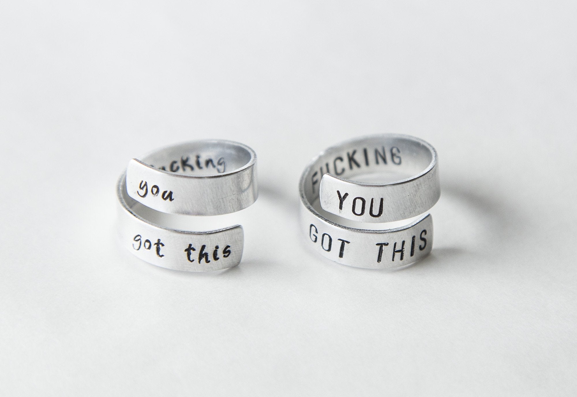 Motivational Aluminum Wrap Ring - Adjustable Size, Hand-Stamped Letters, "You F-ing Got This" Design - Jewelry & Watches - Bijou Her -  -  - 