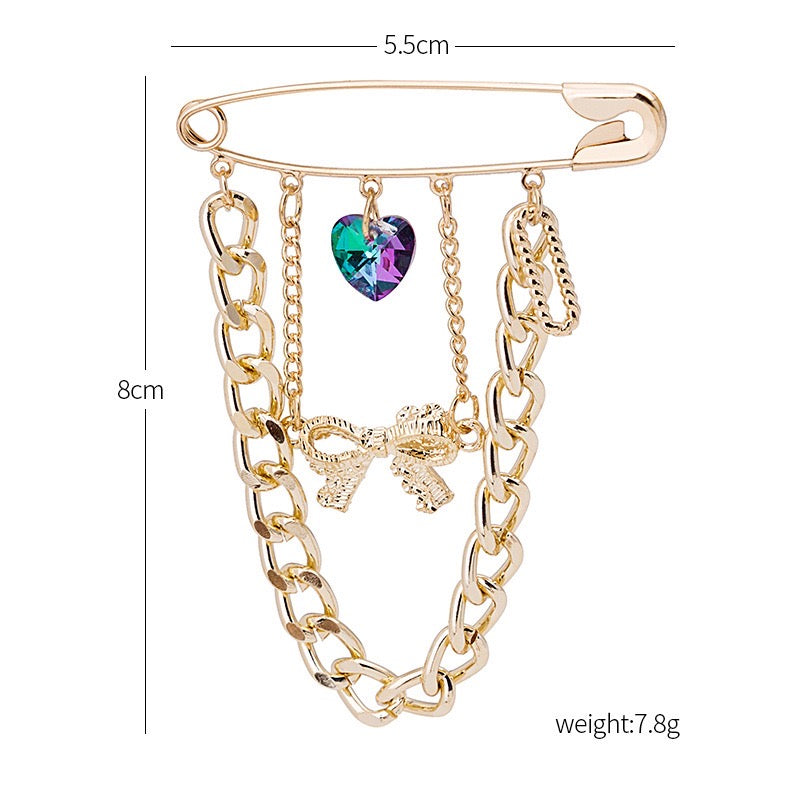 Heart Bow Chain Brooch with Tassels - Alloy, 8x5.5cm, 7.8g - Jewelry & Watches - Bijou Her -  -  - 