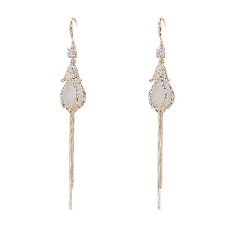 Opal Flower Bud Tassel Earrings - Rhinestone Alloy Jewelry, S925 - 8.7cm x 1.8cm - 1705 - Jewelry & Watches - Bijou Her -  -  - 