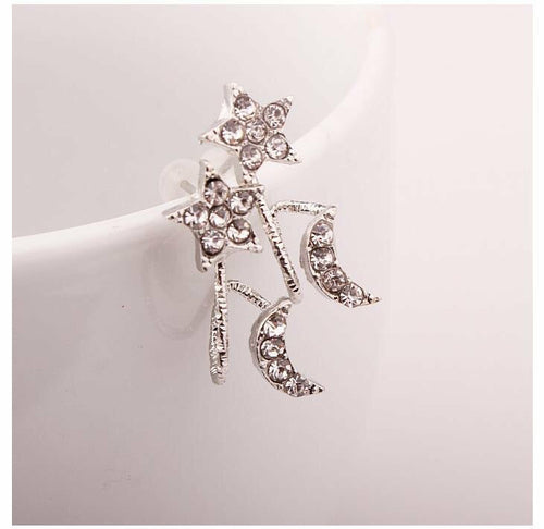 Rhinestone Moon and Star Ear Clip - Alloy and Rhinestone Jewelry, 2.5cm Dimension, 3g Weight - Jewelry & Watches - Bijou Her - Color -  - 