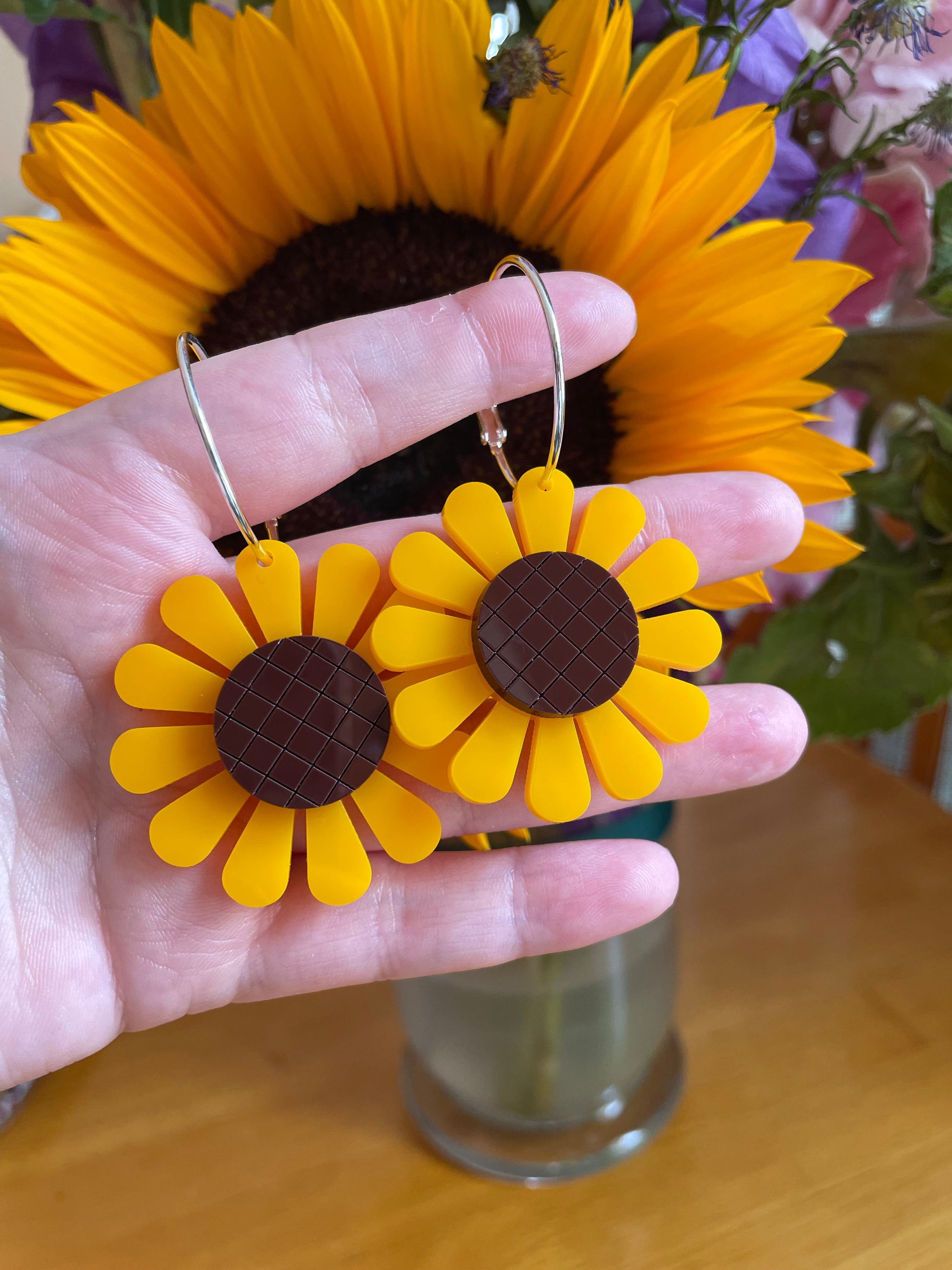 Sunflower Hoop Earrings - Laser Cut Acrylic Jewelry, 6.5cm Height, 4.5cm Width, Nickel/Lead Free Findings - Jewelry & Watches - Bijou Her -  -  - 