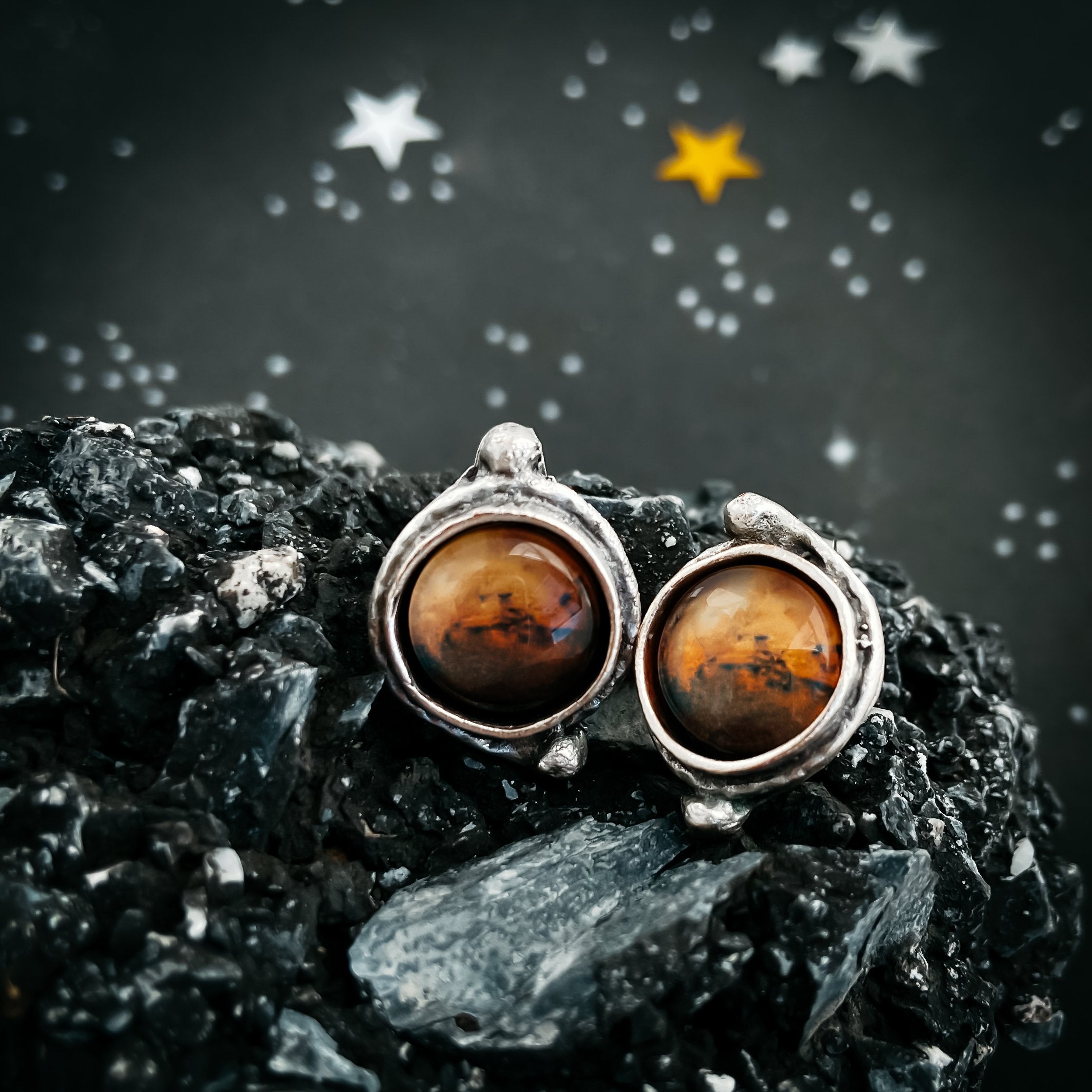 Mars and Moons Earrings - Studs or Dangles in Silver Plated Brass and Glass - Jewelry & Watches - Bijou Her -  -  - 