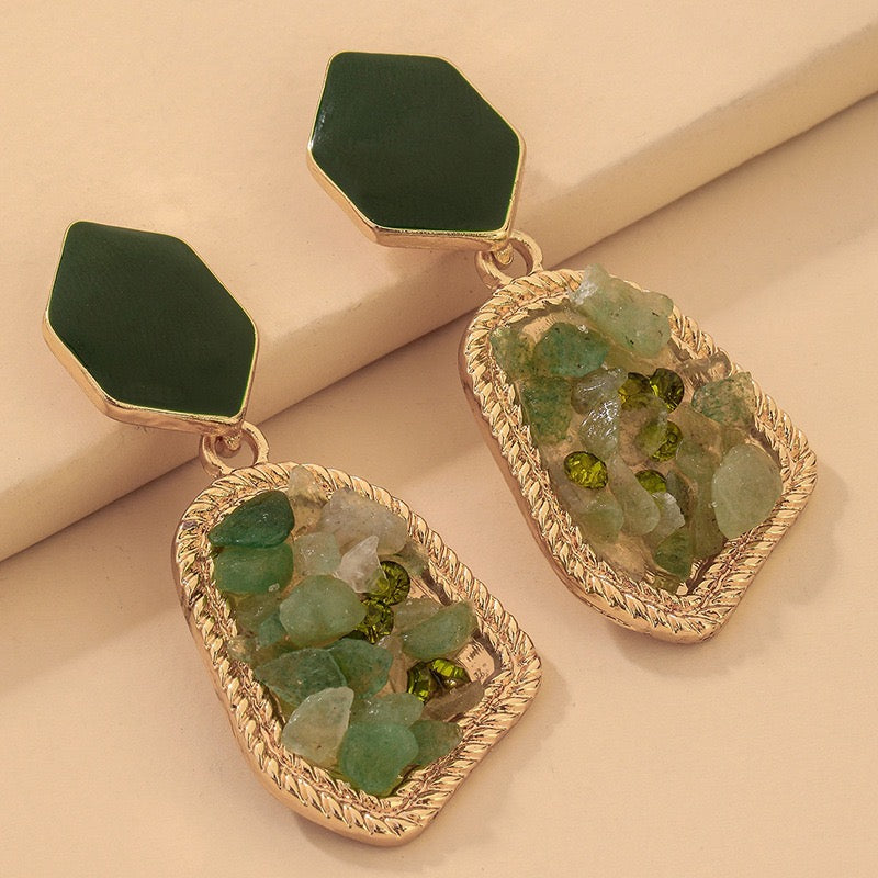 Irregular Vintage Green Stone Earrings - Alloy & S925, 4.2cm x 2.2cm, 7.1g - Jewelry & Watches - Bijou Her -  -  - 