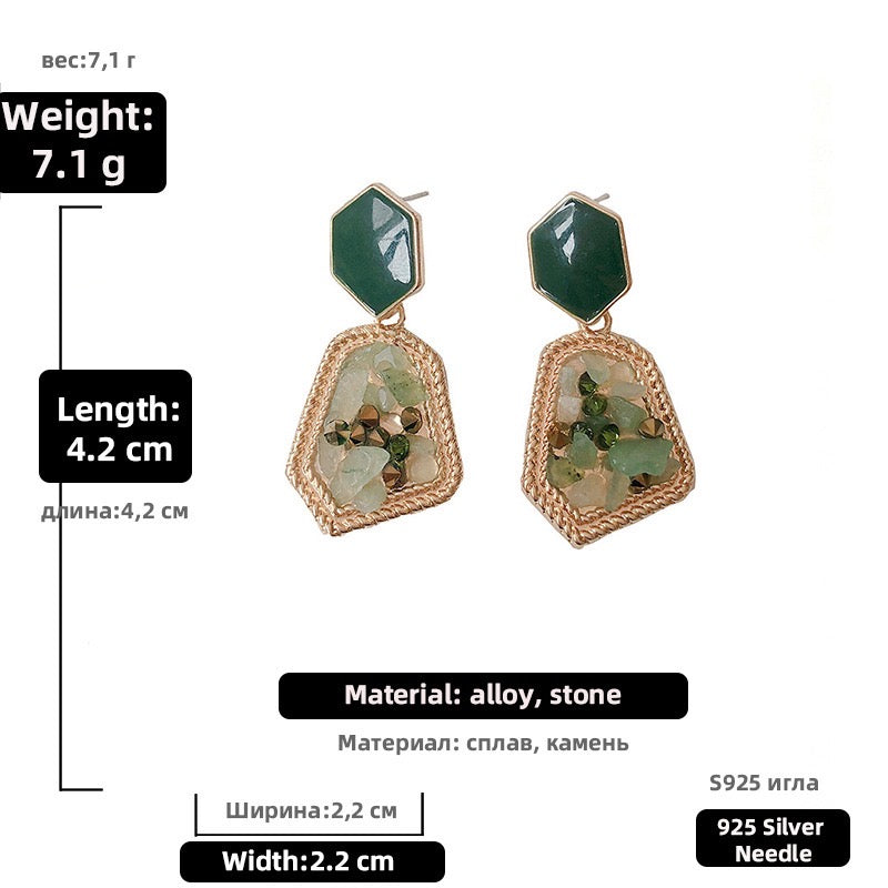 Irregular Vintage Green Stone Earrings - Alloy & S925, 4.2cm x 2.2cm, 7.1g - Jewelry & Watches - Bijou Her -  -  - 