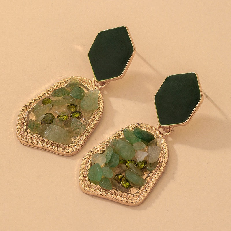 Irregular Vintage Green Stone Earrings - Alloy & S925, 4.2cm x 2.2cm, 7.1g - Jewelry & Watches - Bijou Her -  -  - 