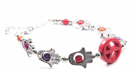 Hamsa Hand and Peace Charm Bracelet - Boho Style with Colorful Beads
Length: 6 inches with 1.5 inch extender. Lobster clasp closure. Base metal, beads. This bracelet features the divine Hamsa Hand - Bracelets - Bijou Her - Color -  - 