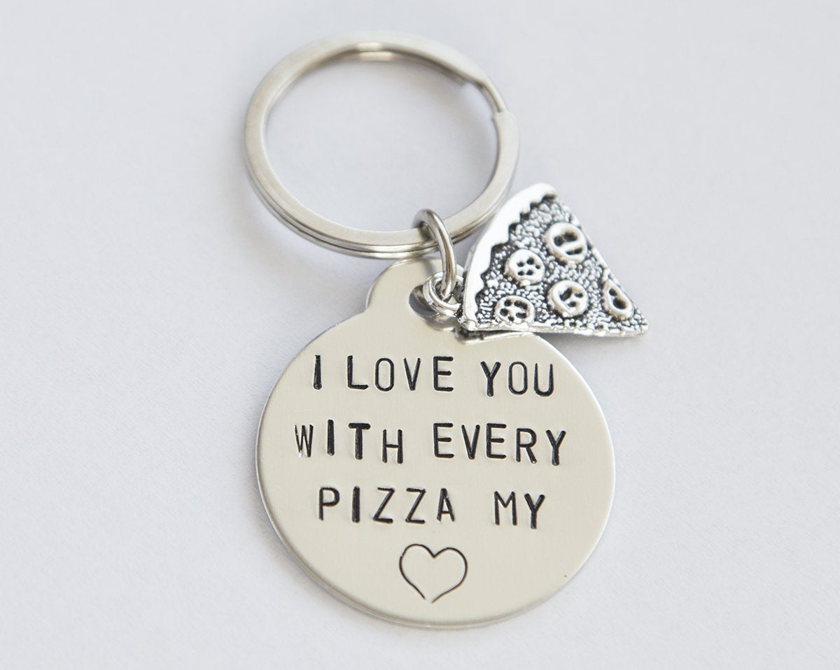 Stamped Pizza My Heart Keychain - Handmade Stainless Steel Charm Tag - Personalized Requests Available - Fast Shipping - 4-20 Day Delivery - Jewelry & Watches - Bijou Her -  -  - 