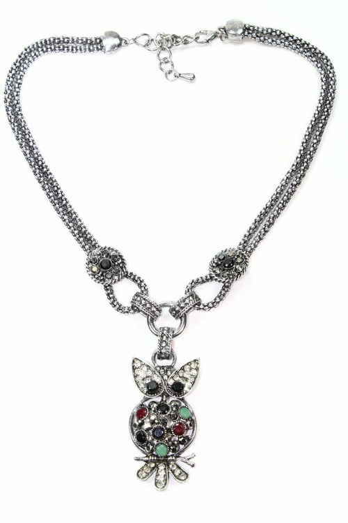 Perched Owl Necklace with Colorful Stones and Crystal Accents - Handmade Jewelry for Women - Necklaces - Bijou Her - Color -  - 