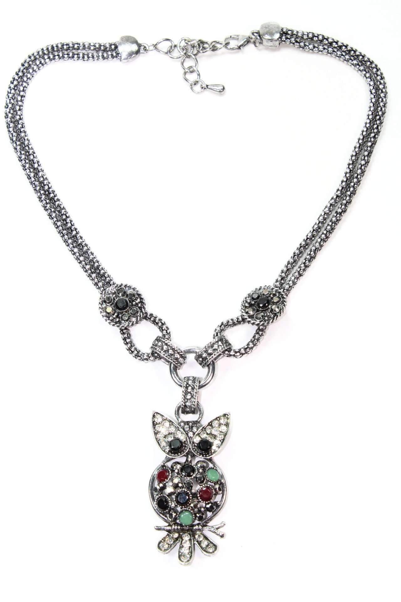 Perched Owl Necklace with Colorful Stones and Crystal Accents - Handmade Jewelry for Women - Necklaces - Bijou Her -  -  - 