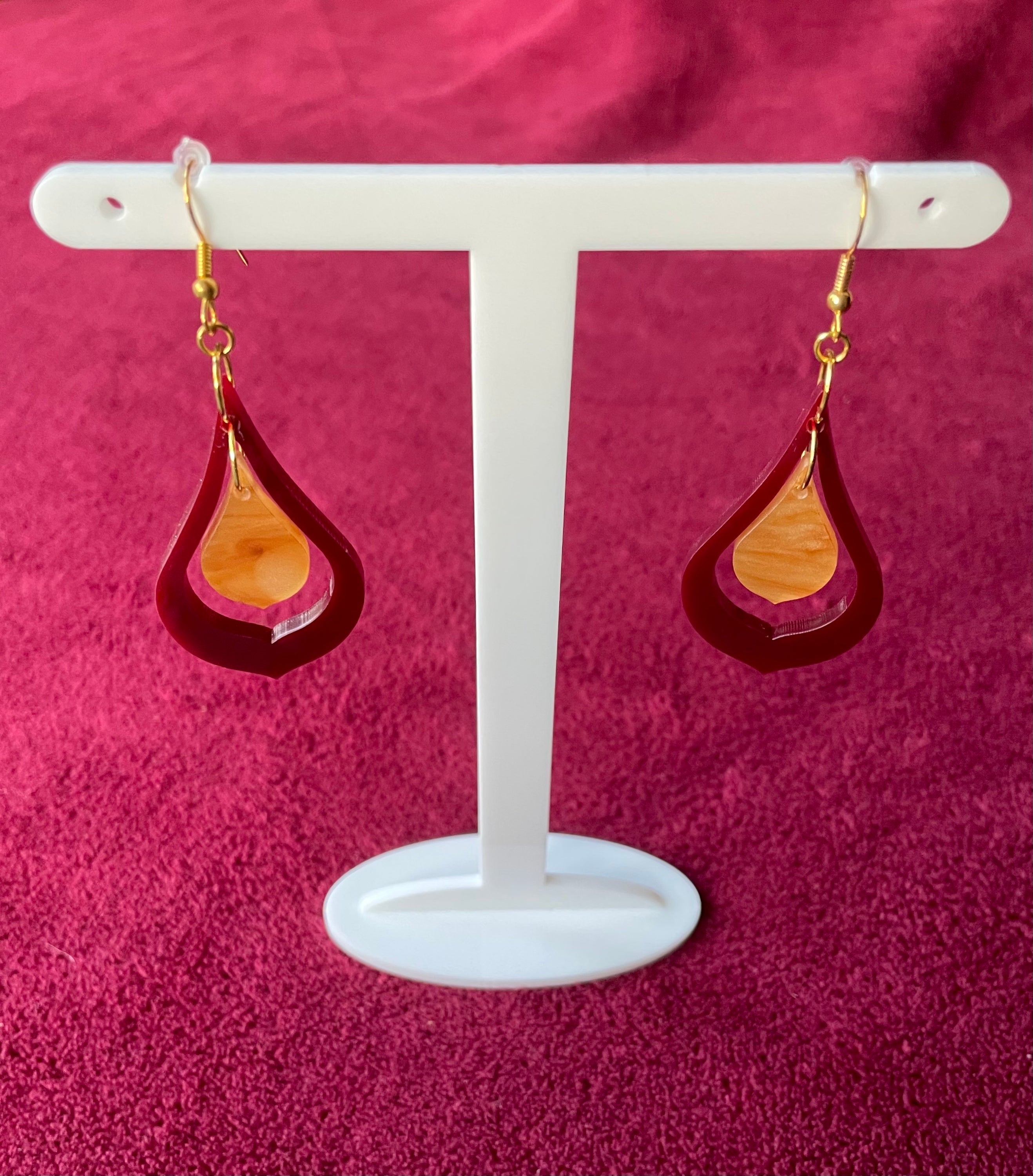 Maroon and Caramel Sophia Earrings - Laser Cut Acrylic Dangles, 7.5cm Height, 1960s and 70s Inspired - Jewelry & Watches - Bijou Her -  -  - 