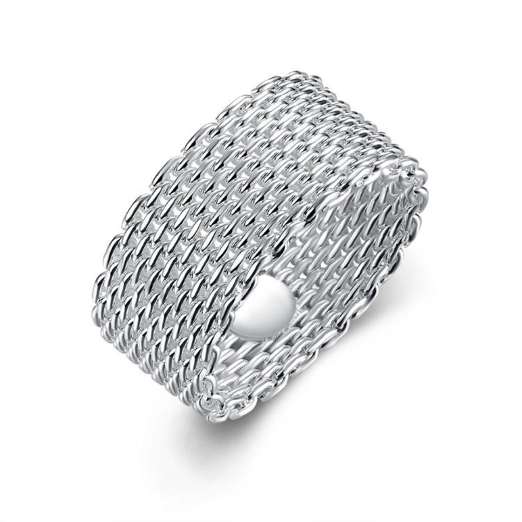 Sterling Silver Plated Woven Mesh Ring - White Gold Plated, 8mm Band Width, Italy Design - Jewelry & Watches - Bijou Her -  -  - 