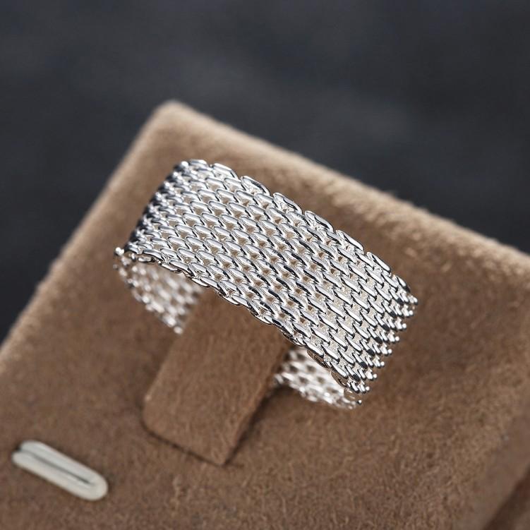 Sterling Silver Plated Woven Mesh Ring - White Gold Plated, 8mm Band Width, Italy Design - Jewelry & Watches - Bijou Her -  -  - 
