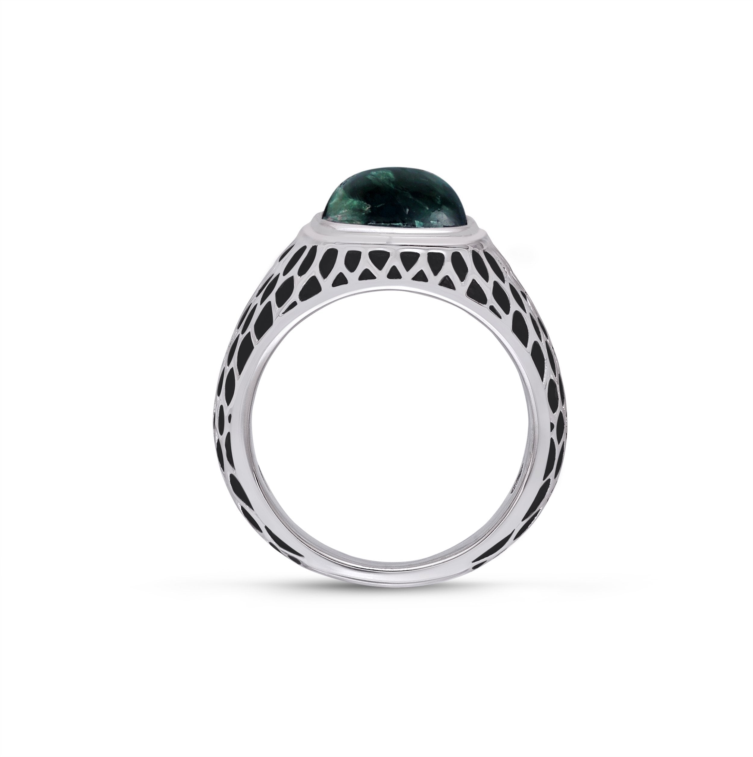 Seraphinite Stone Signet Ring with Honeycomb Design in Black Rhodium Silver - Jewelry & Watches - Bijou Her -  -  - 