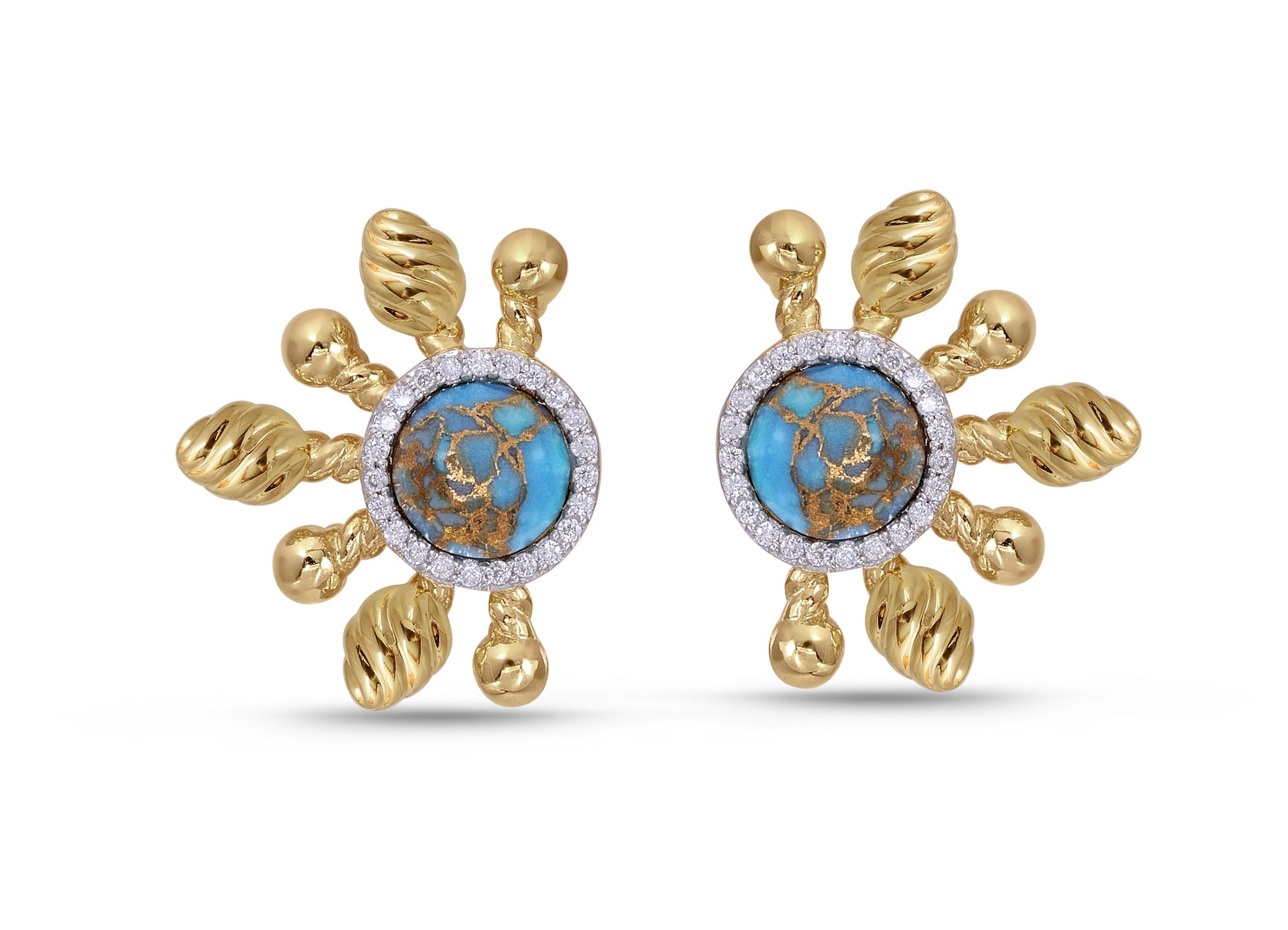Turquoise & Diamond Half Sun Stud Earrings in 14K Gold - LMJ Sunshine Twist Collection - Jewelry & Watches - Bijou Her -  -  - 