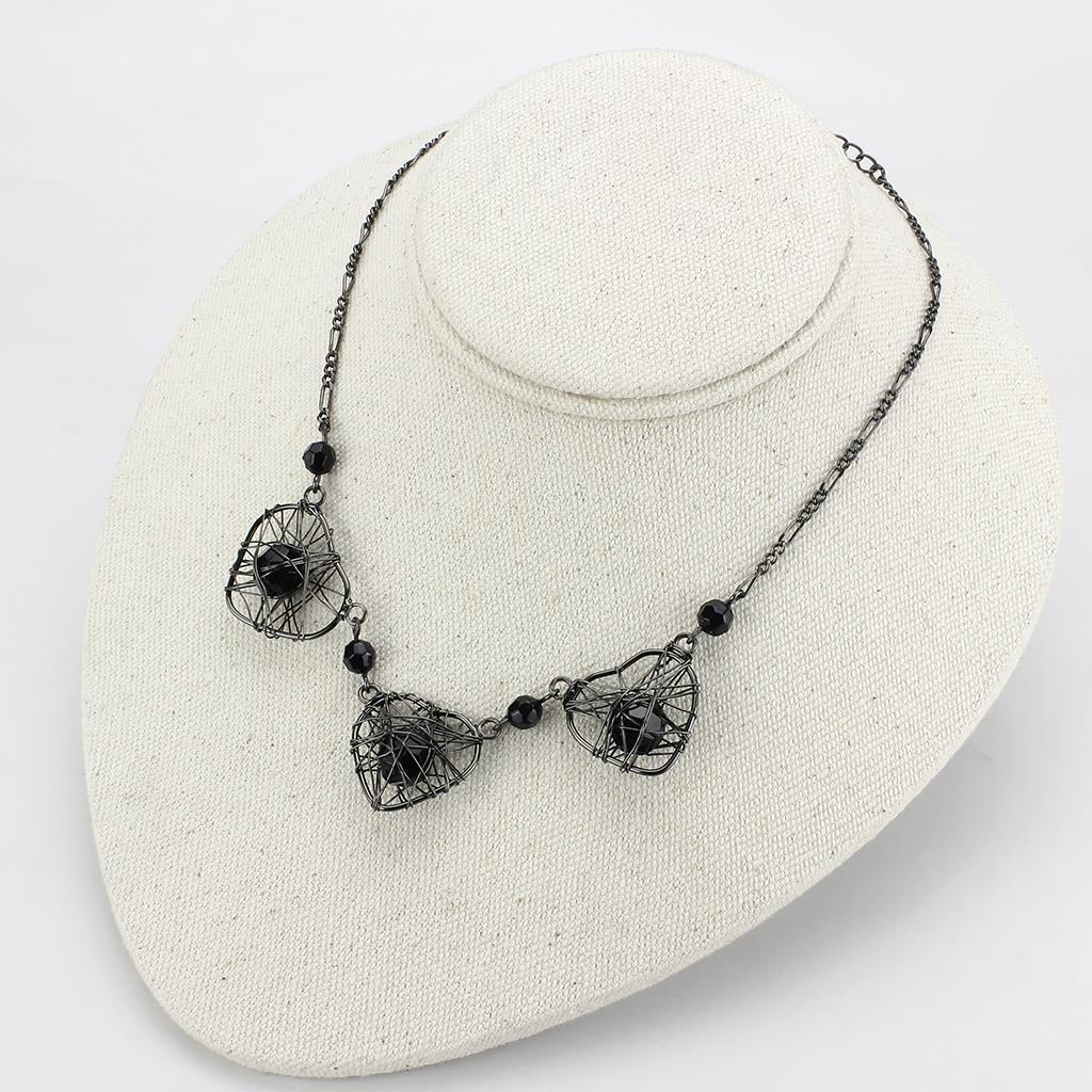 Ruthenium White Metal Necklace with Synthetic Glass Center Stone - Jet Color - Jewelry & Watches - Bijou Her -  -  - 