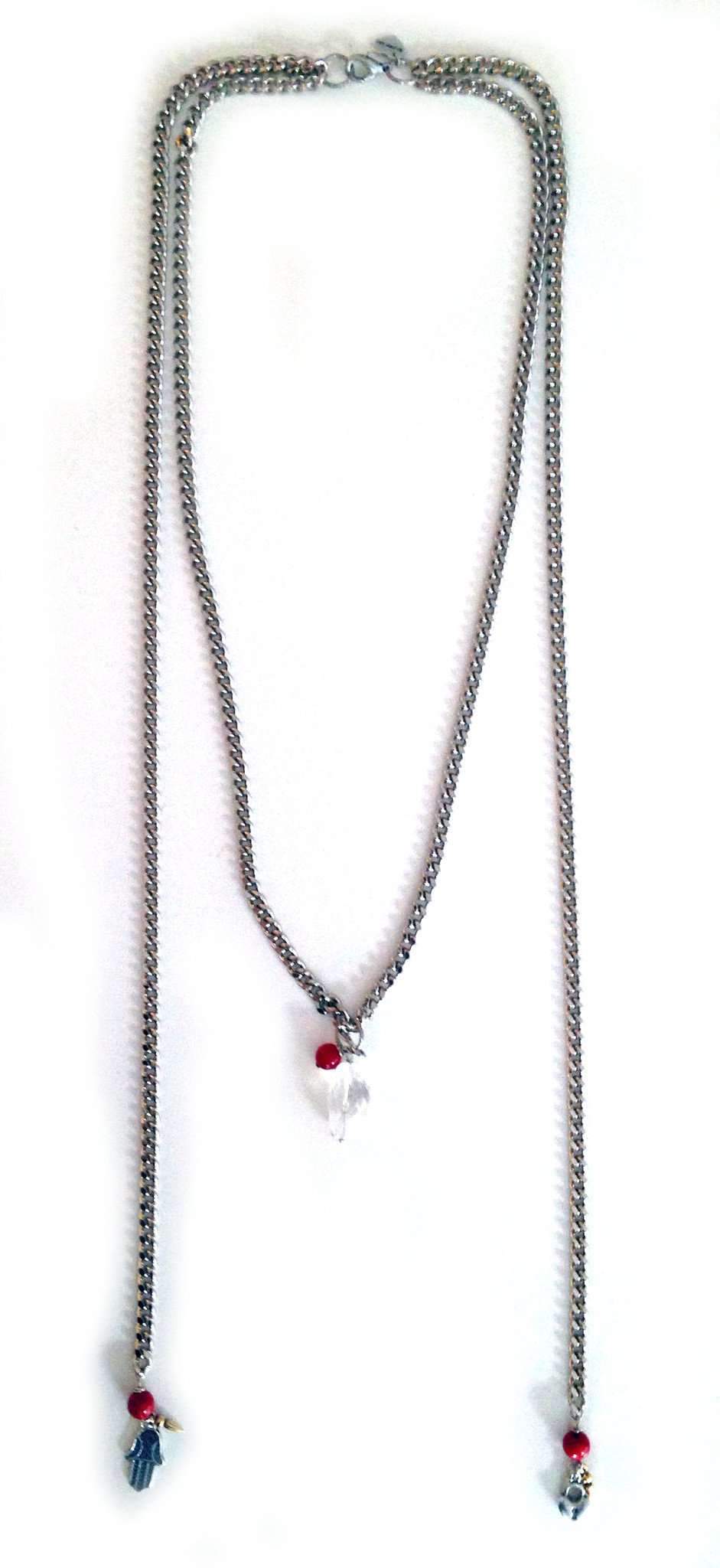 Valentine's Day Silver Necklace with Coral and Hamsa Charms - Jewelry & Watches - Bijou Her -  -  - 