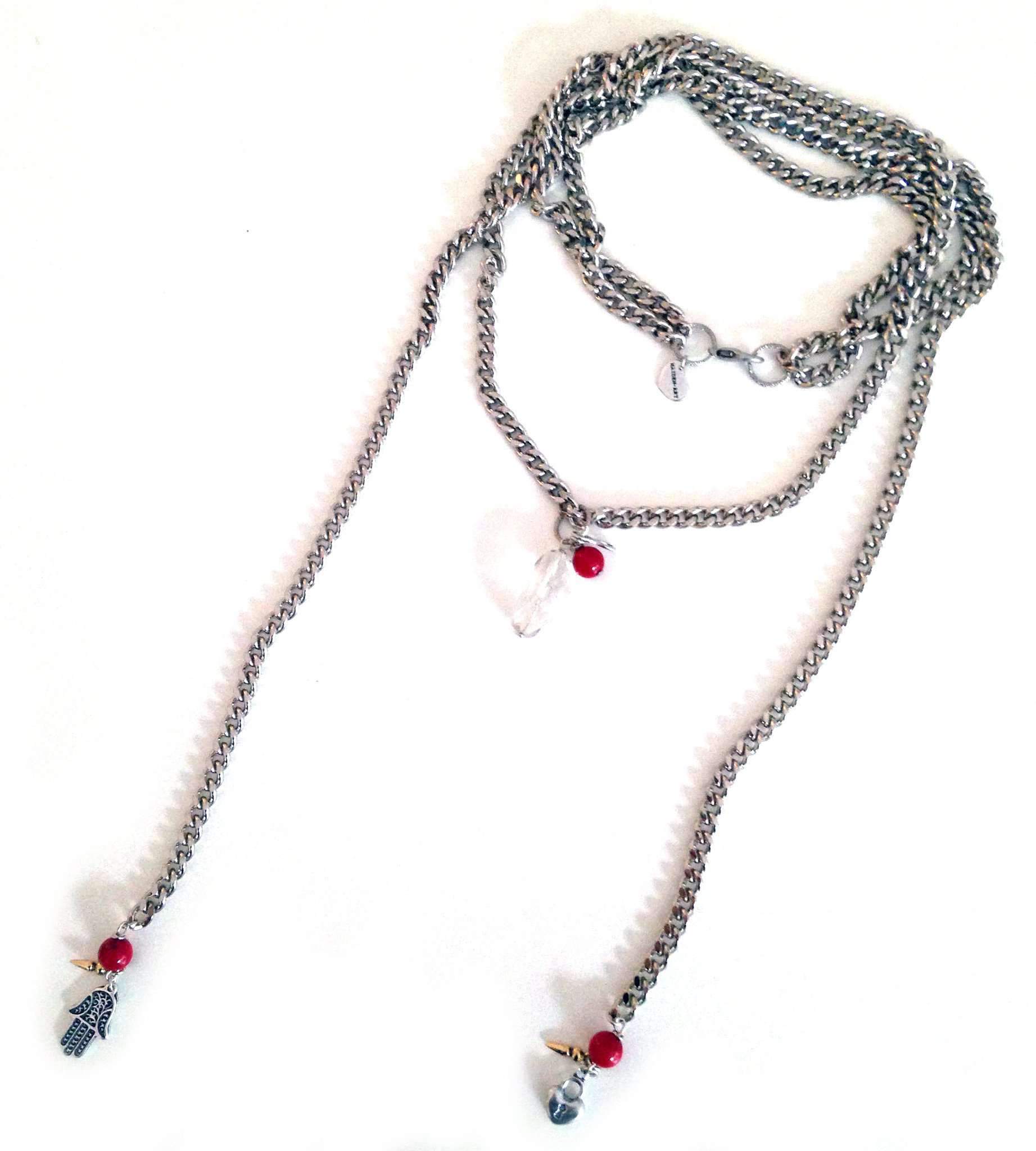 Valentine's Day Silver Necklace with Coral and Hamsa Charms - Jewelry & Watches - Bijou Her -  -  - 
