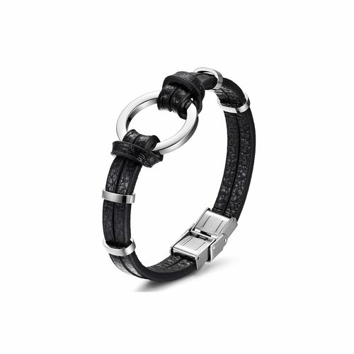 Hypoallergenic Black and Silver Leather Circle Bracelet - Jewelry & Watches - Bijou Her - Color - Size(inch) - 