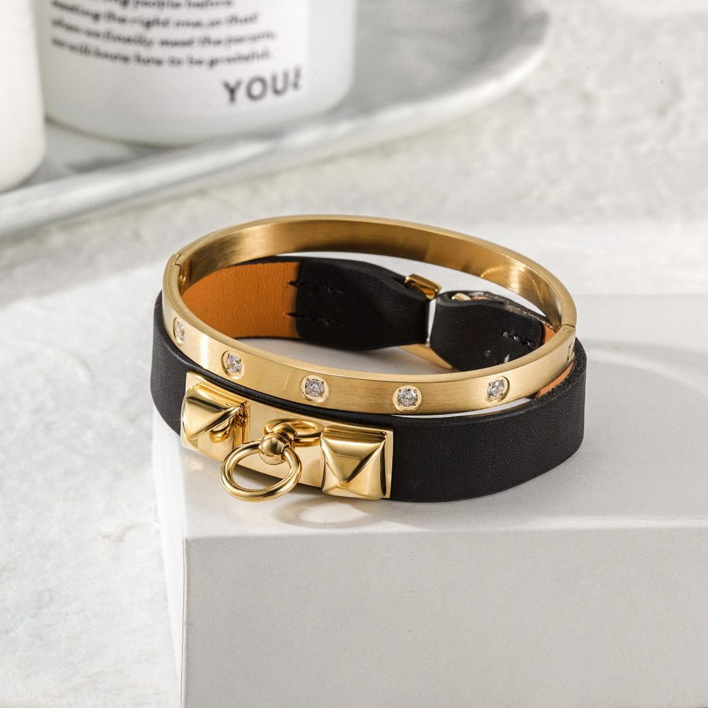 Sleek Leather and Gold Bracelet Set for Women - CZ Stone Embellished Jewelry Set in Gift Box - Jewelry & Watches - Bijou Her -  -  - 