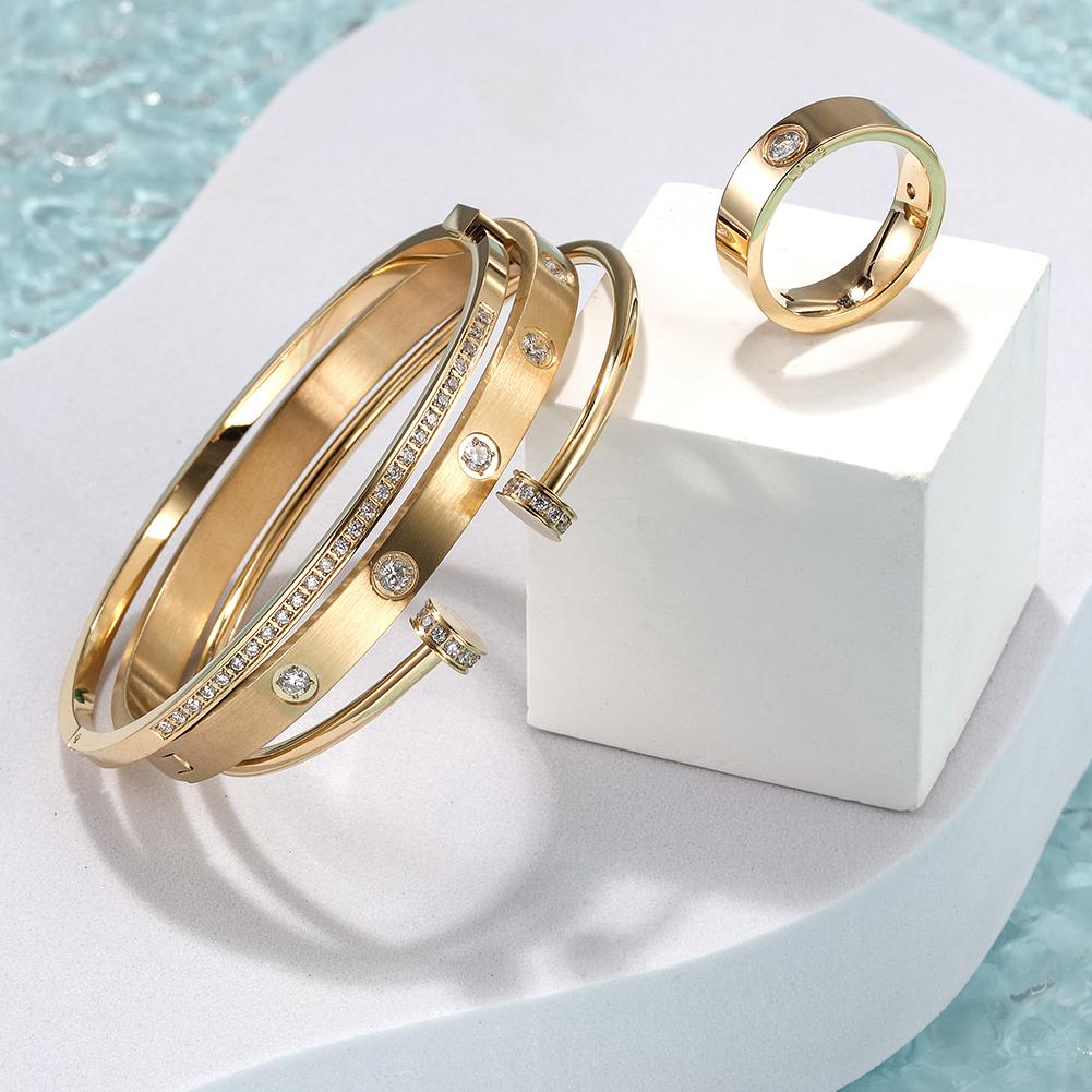 Layered Bangle and Ring Set - CZ Stones and Hearts in 14K Gold/Rose Gold PVD - Hypoallergenic Metal - Women's Jewelry Set - Jewelry & Watches - Bijou Her -  -  - 