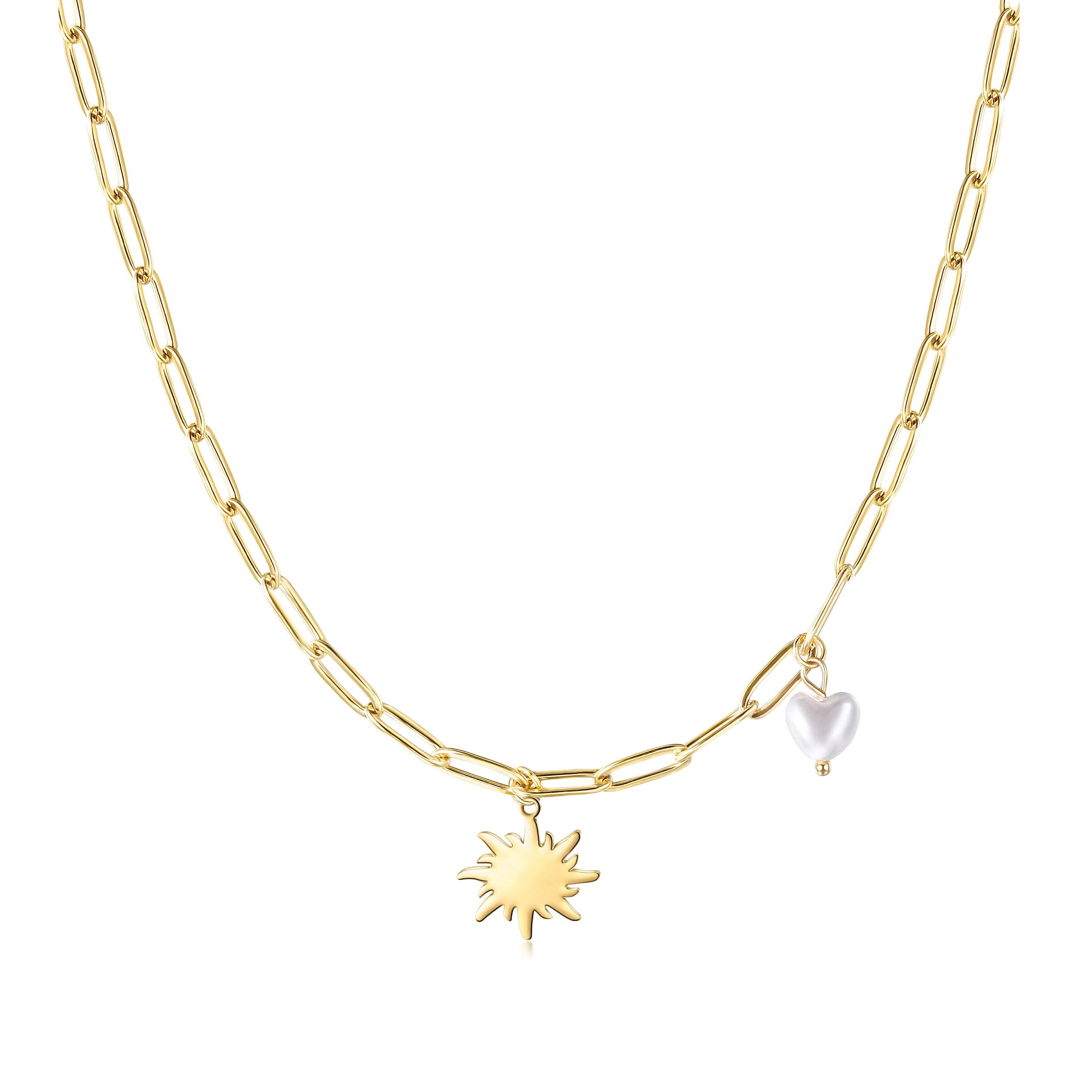 Gold Sun Pendant Necklace with Heart-shaped Pearl - Hypoallergenic & Non-tarnishing - Jewelry & Watches - Bijou Her -  -  - 