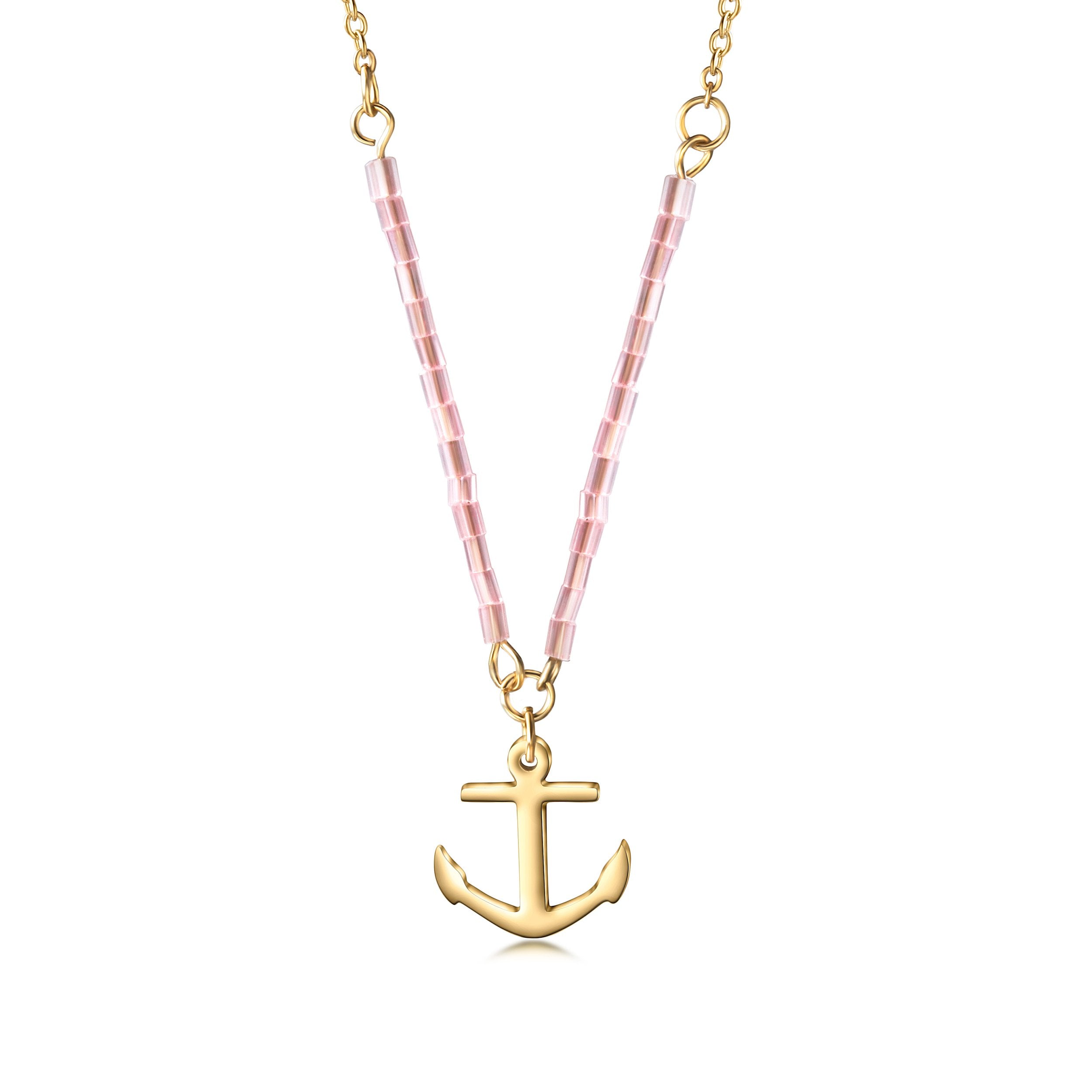 Hypoallergenic Gold Anchor Necklace with Pink Beads - Jewelry & Watches - Bijou Her -  -  - 