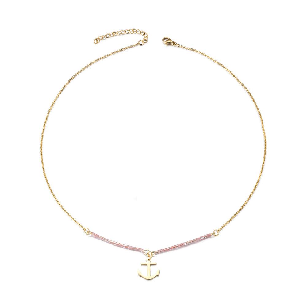 Hypoallergenic Gold Anchor Necklace with Pink Beads - Jewelry & Watches - Bijou Her -  -  - 