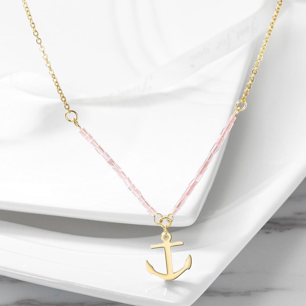 Hypoallergenic Gold Anchor Necklace with Pink Beads - Jewelry & Watches - Bijou Her -  -  - 