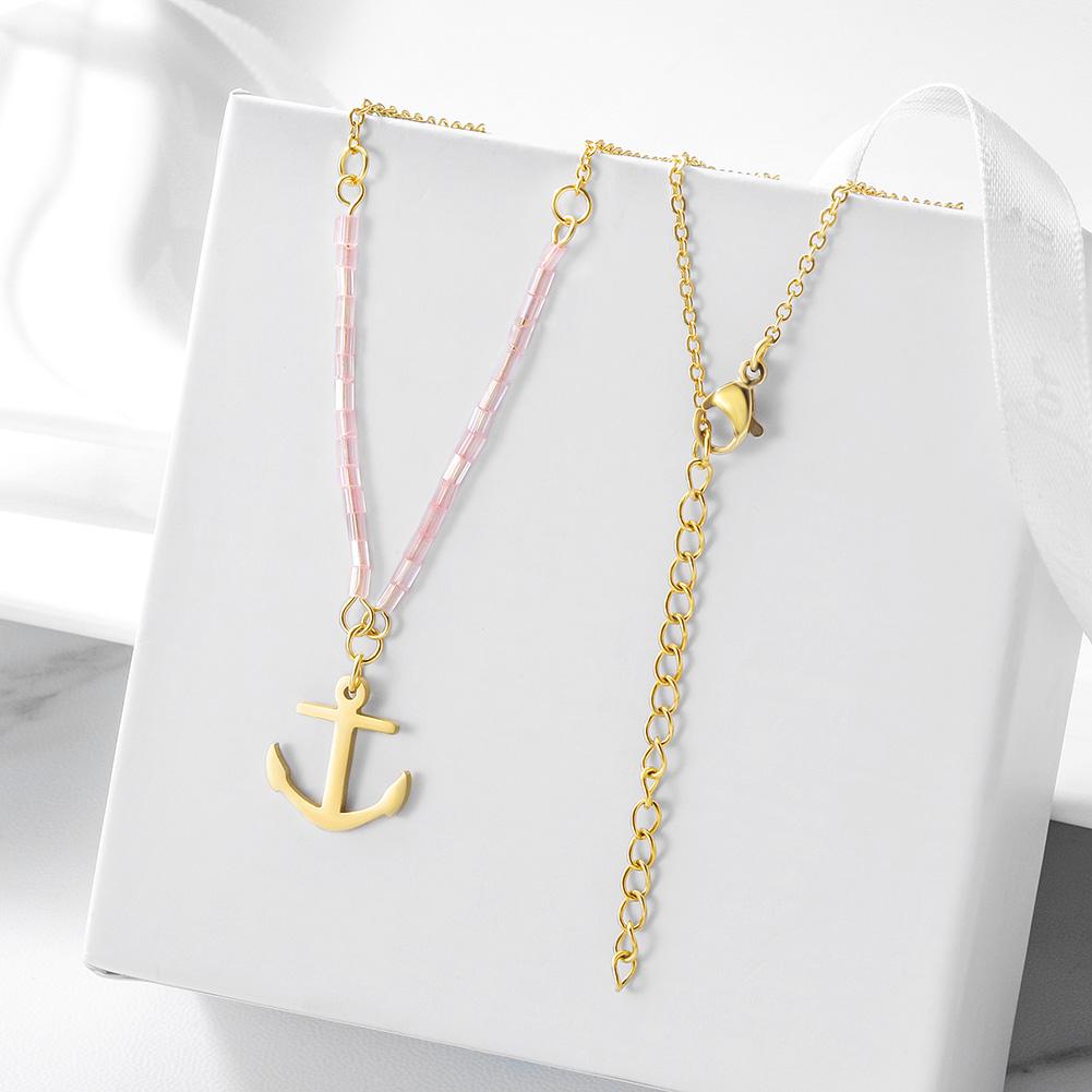 Hypoallergenic Gold Anchor Necklace with Pink Beads - Jewelry & Watches - Bijou Her -  -  - 