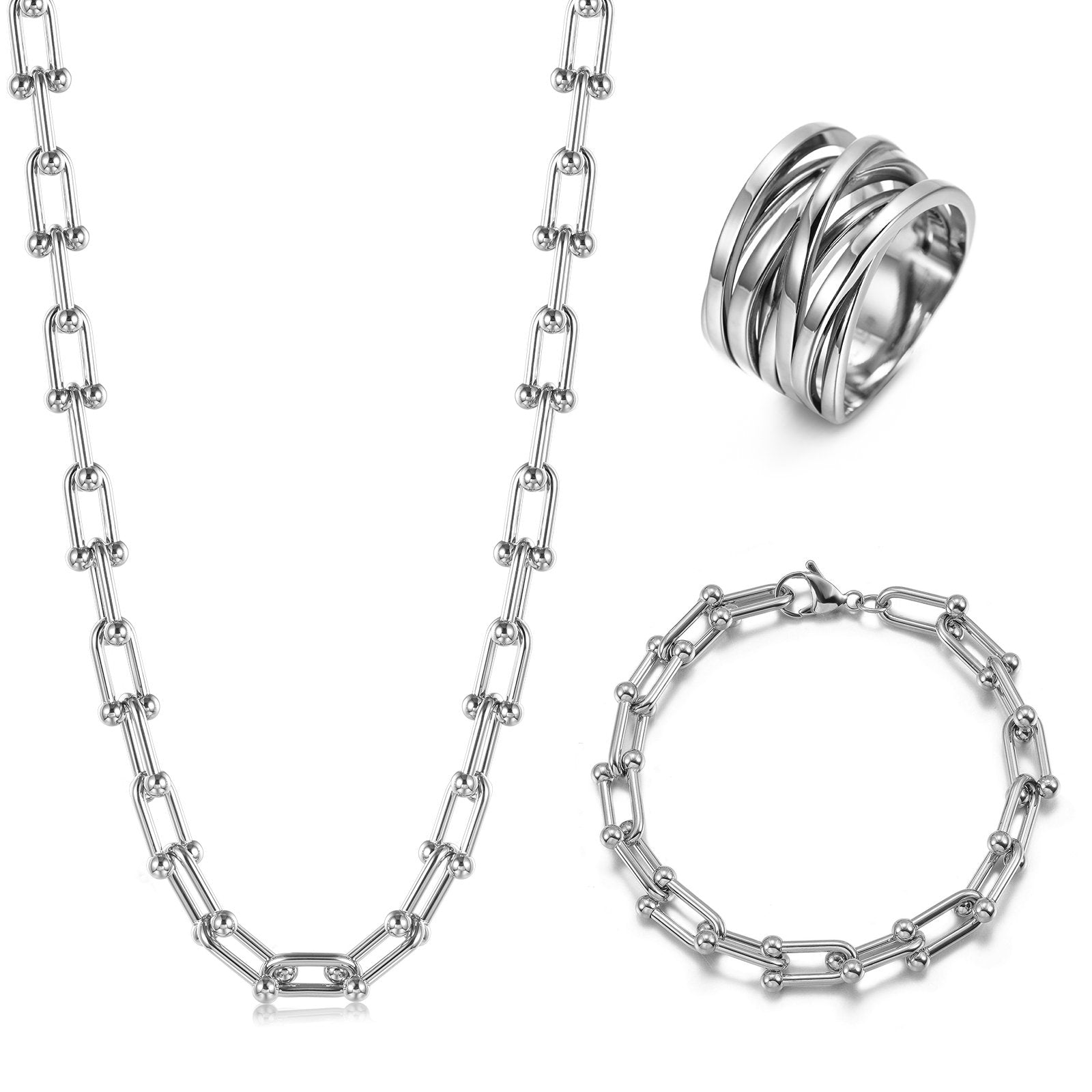 Le Cheval Chain Necklace Set - Lucky Horse Shoe Links, Stainless Steel, Hypoallergenic, Gift Box Included - Jewelry & Watches - Bijou Her -  -  - 