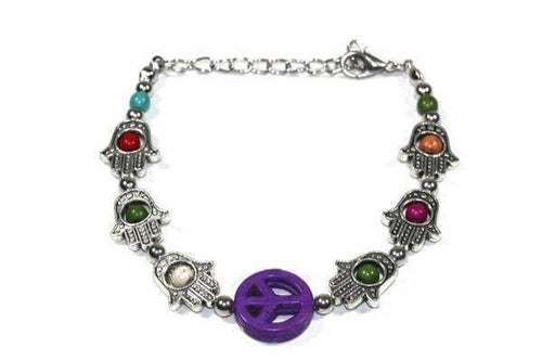 Hamsa Hand and Peace Charm Bracelet - Boho Style with Colorful Beads
Length: 6 inches with 1.5 inch extender. Lobster clasp closure. Base metal, beads. This bracelet features the divine Hamsa Hand - Bracelets - Bijou Her - Color -  - 