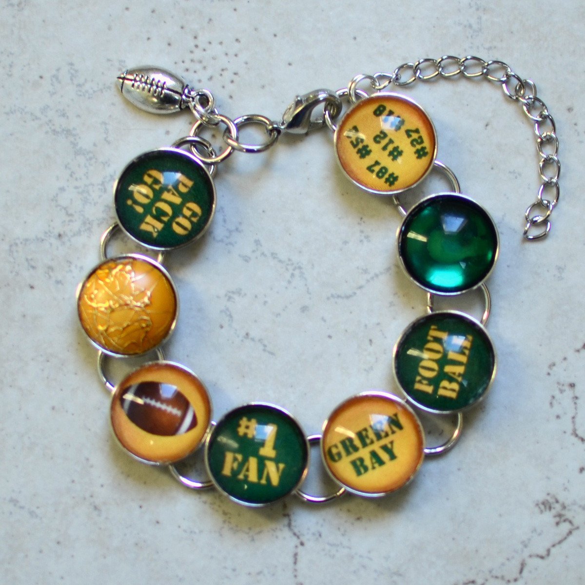 Green Bay Packers Charm Bracelet with Football - Handmade Glass Jewelry - Bracelets - Bijou Her -  -  - 