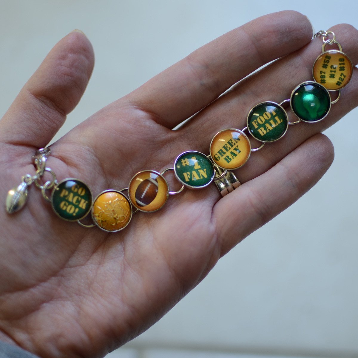 Green Bay Packers Charm Bracelet with Football - Handmade Glass Jewelry - Bracelets - Bijou Her -  -  - 