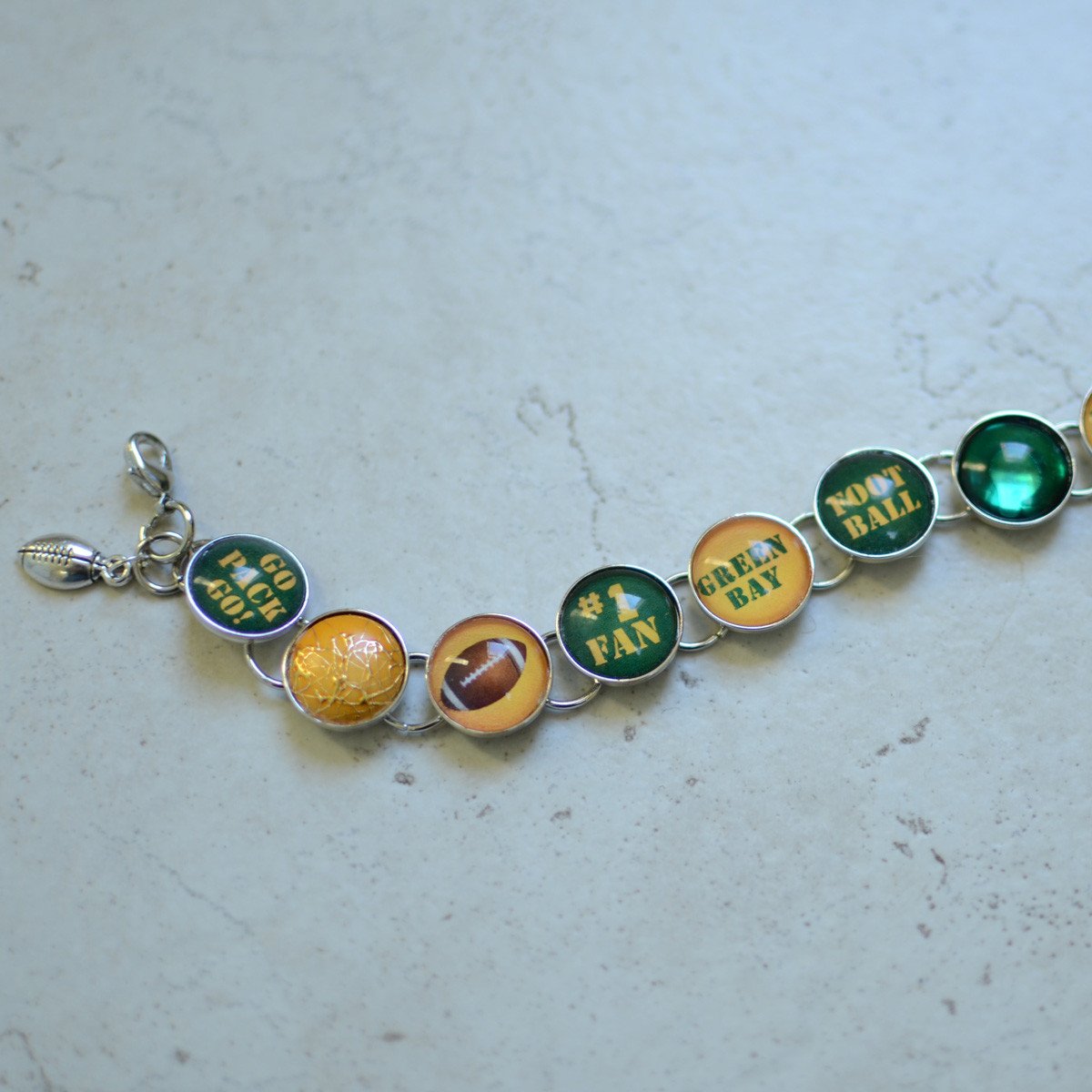 Green Bay Packers Charm Bracelet with Football - Handmade Glass Jewelry - Bracelets - Bijou Her -  -  - 