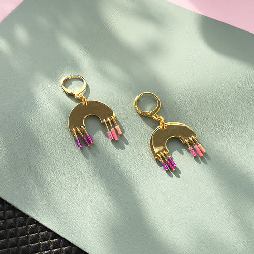 Pink Rainbow Crescent Earrings - 24 Carat Gold Plated with Dangling Glass Beads - Earrings - Bijou Her - Title -  - 