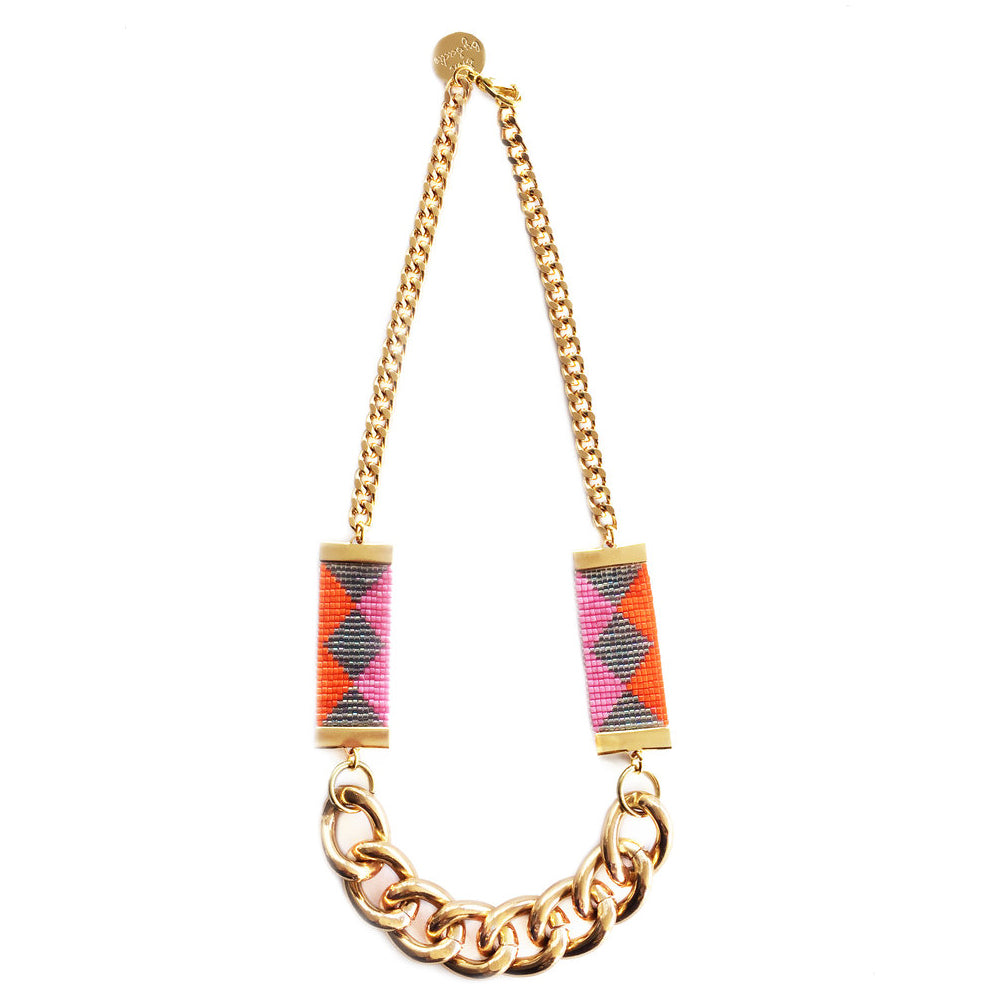 Handmade Festival Necklace - Pink/Green, 24K Gold Plated<p>Make a statement day or night with this beaded necklace!</p><p>Handwoven with traditional bead loom techniques, featuring 24K gold plated clamps, chunk - Necklaces - Bijou Her -  -  - 